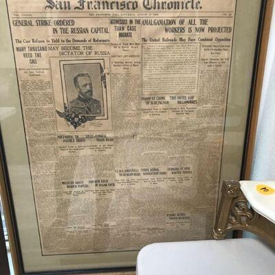 Newspaper article framed from San Francisco Fire