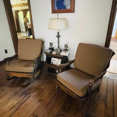 Sitting Chair And matching Rocker
Leather covered impeccable $150 EACH 
