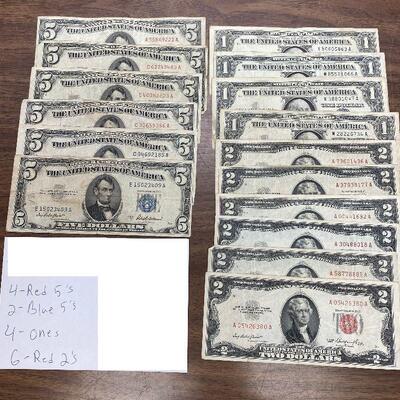 https://www.ebay.com/itm/124916347079	LRM8302 - 4 One's Blue - 6 Two's Red - 2 Fives Blue - 4 Fives Red  US Small Notes	Auction
