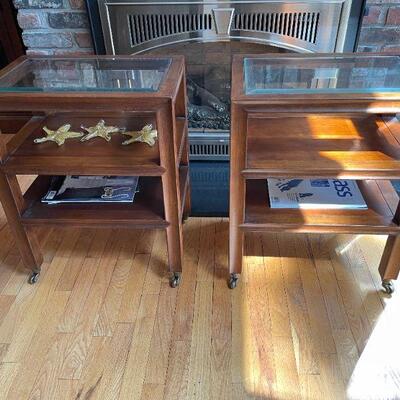 Pair of End Tables with Glass Top and Casters (20