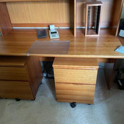 Adjustable L-Shaped Office Desk from Workbench Furniture.  With Bookshelf Hutch.  And Three Small File Storage Cabinets