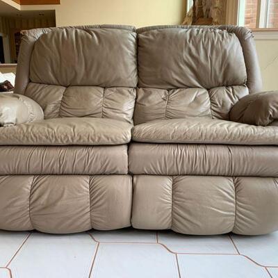 Beige Leather Double Recliner Love Seat