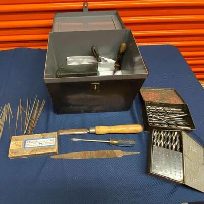 PST008 - Vintage Hand Tools Heller Needle Files, Drill Bits & More in Metal Tool Box
