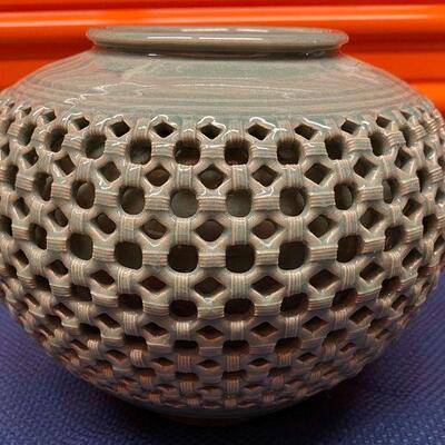 PST075 - Large Exquisite Antique Korean Celadon Glazed Basket Weave Vase Reticulated Cranes Signed