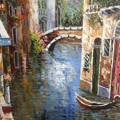 Italian Venice Canal Scene, Oil on Canvas Painting Artwork