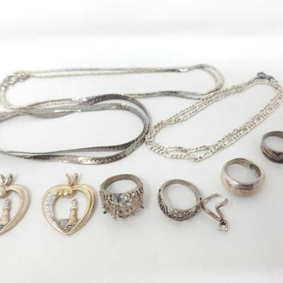 #1114 â€¢ 3 Sterling Silver Chains, 5 Fashion Rings And 3 Pendant 57.7g
