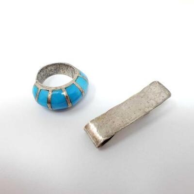 #1100 â€¢ Sterling Silver Turquoise Statement Ring And Sterling Silver Money Clip