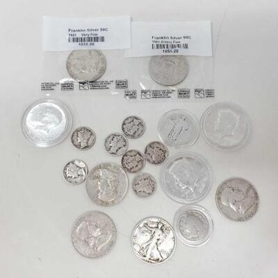 #1608 â€¢ Assortment Of Kennedy Half Dollars, Franklin Half Dollars, Mecury Dimes And More!