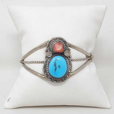 #1110 â€¢ Native American Sterling Silver Turquoise And Coral Cuff 16.4g