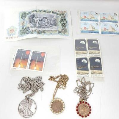 #1646 â€¢ Bulgaria Banknote, Collectible Stamps From Apollo 8, Dominica, Grenada And 3 Necklaces With Coi...