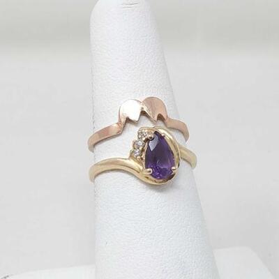 #1044 â€¢ 14k Gold Purple Spinel Teardrop With Diamond Accents Ring And 14k Rose Gold Half Heart Ring 3.9g