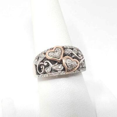 #1104 â€¢ Sterling Silver Diamond Statement Ring with 14K Gold Hearts 5.7g