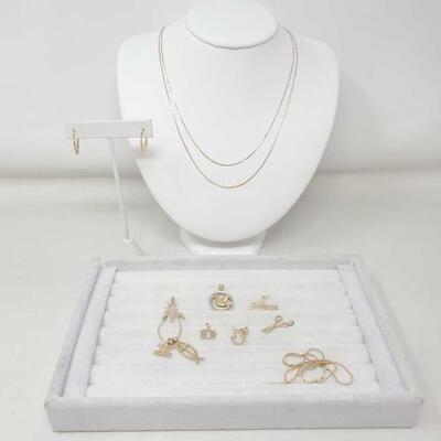 #1037 â€¢ 14k Hoop Engraved Earrings, 3 Gold Chains And 6 Pendants 16.2g
