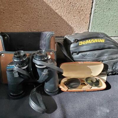 #1708 â€¢ Bushnel Binoculars , Brooks Brothers Sunglasses and DeMarini Baseball Glove
