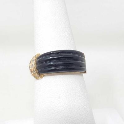 #1017 â€¢ 14k Gold Black Carved Ring Diamond Accents 5g