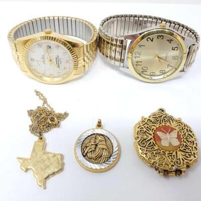 #1434 â€¢ 2 Wrist Watches, 3 Pendants And 1 Chain
