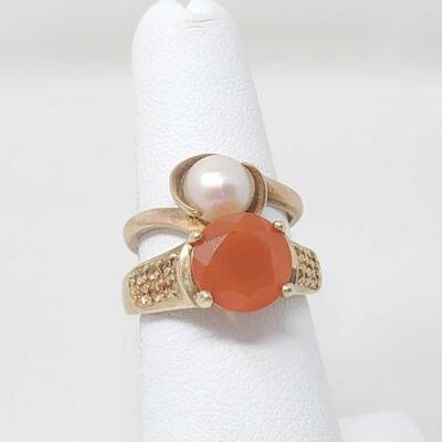 #1078 â€¢ 10k Gold Pearl Ring And 10k Gold Tangerine Semi-Precious Stone Ring 6.1g
