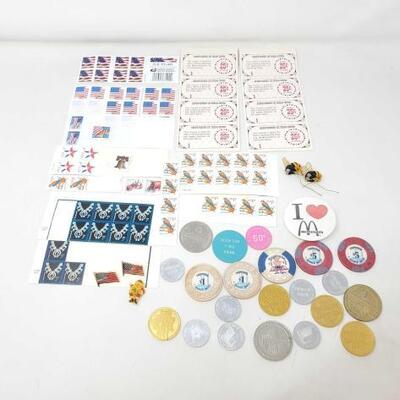 #1643 â€¢ Variety Of Stamps, Tokens, Pins And More!
