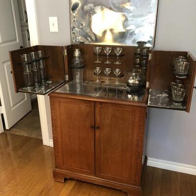Art Deco Bar with all Barware. Platinum rimmed glasses by Federal Glass Company. 