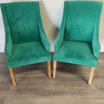 Pair Green High Back Upholstered Arm Chairs