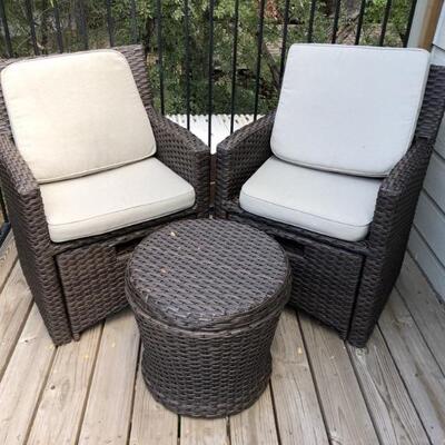 (3) Wicker 2 Cushioned Chairs & Table with Storage