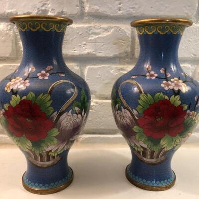 (2) Vintage Cloisonne Rose Vases, China