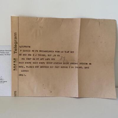 Telegram sent to BJ & Gloria encouraging BJ to cut another hit fast after 