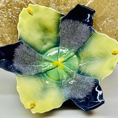 Yellow Green & Black Raised Flower Petal 12in Bowl    A Mustardseed & Moonshine Original Bowl
12in diameter x 4in h