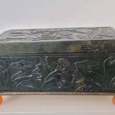 Jade lidded box w coral rose cut feet (1 foot is broken off, but included for repair)