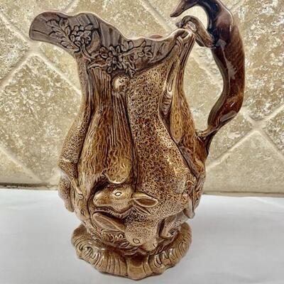 Antique Bennington Hunting Scene Glazed Pitcher 19th century pitcher has the greyhound dog handle and the hanging game birds.  Mottled...