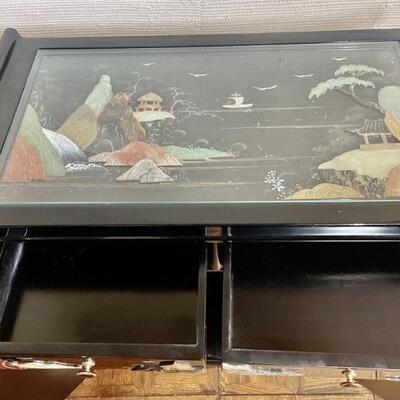 Oriental Black Lacquer Chinoiserie Accent Cabinet