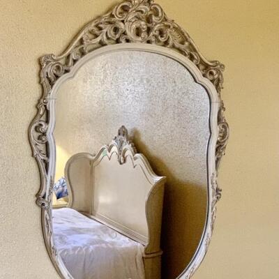 Vintage French Rococo Distressed White Mirror