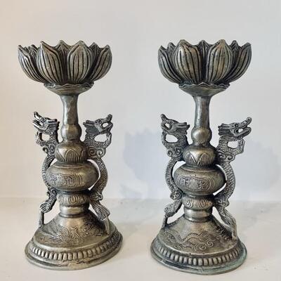 Pair Dragon and Lotus Candlesticks