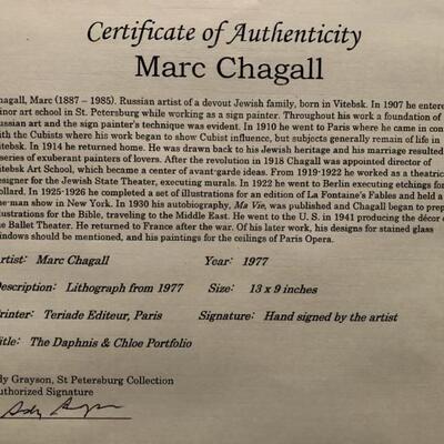 The Daphnis and Chloe Portfolio by Marc Chagall    Lithograph (1977). Hand Signed by artist. 13 x 9. 21 x 25 framed. COA included.