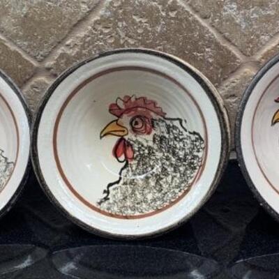 (3) Glazed Terra Cotta Rooster Bowls, Marked