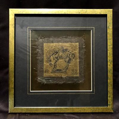 Tang Horse by Yu Yuen Hong. Etching on hand made  grass fiber paper. 10 x 10. Signature at bottom.