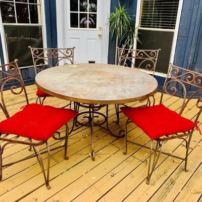 Outdoor Iron Patio Set, 4 Chairs & Stone Top Table