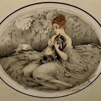 Louis Icart. Contentment. Antique Original Dry
Point Etching on Paper with Hand Watercolor, 1922.