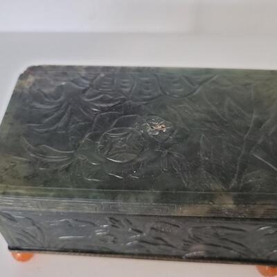 Jade lidded box w coral rose cut feet (1 foot is broken off, but included for repair)