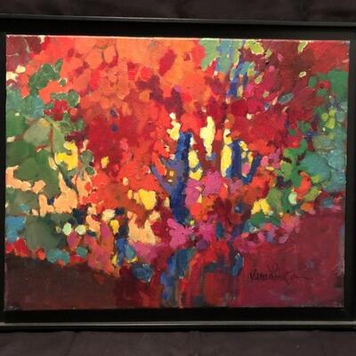 Colorful Trees. Oil on canvas. Signed by artist
(unknown). 20x18.