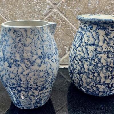 (2) Vintage Blue & White Pottery Pitchers by Marshall Pottery from Marshall, Texas - Marked