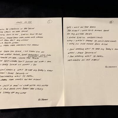 Hand Written Lyrics by BJ Thomas and Triumph Member Mark Charron along with Autograph Picture of The Jordan Aires