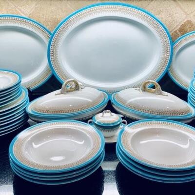 Antique Royal Worcester Set of 1864 English China  About 49 pieces of this extremely rare China with a turquoise band and brown flower...