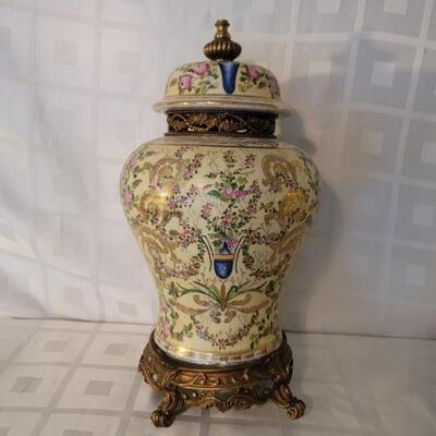 Hand Painted Porcelain Ginger Jar on Stand, China
Maker's Marks and Provenance Tags on Bottom-
