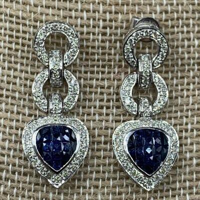 18k Gold, Diamond & Sapphire Earrings- 9.13g tw