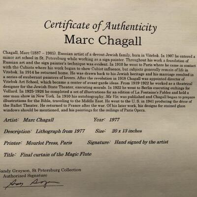 Final Curtain of the Magic Flute. By Marc Chagall. Lithograph from 1977. Hand Signed. 20x13.  25 x 32 framed. COA included.