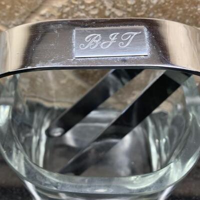 BJ's Monogrammed Ice Bucket with Tongs. Very thick and heavy glass