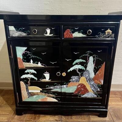 Oriental Black Lacquer Chinoiserie Accent Cabinet