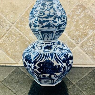 Asian Style Blue & White Vase with Fish, 13in