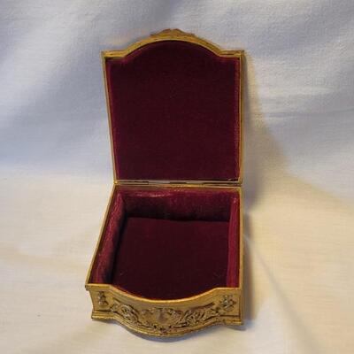 Gold Tone Hinged Trinket Box Lined in Red Velvet